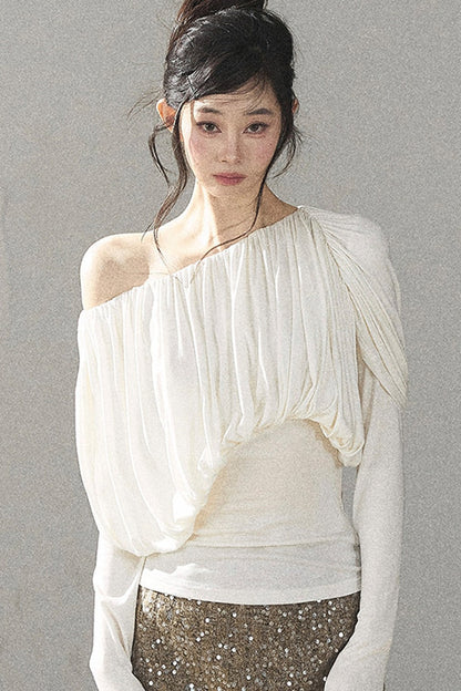 Off-Shoulder Long-Sleeve Cinched T-Shirt