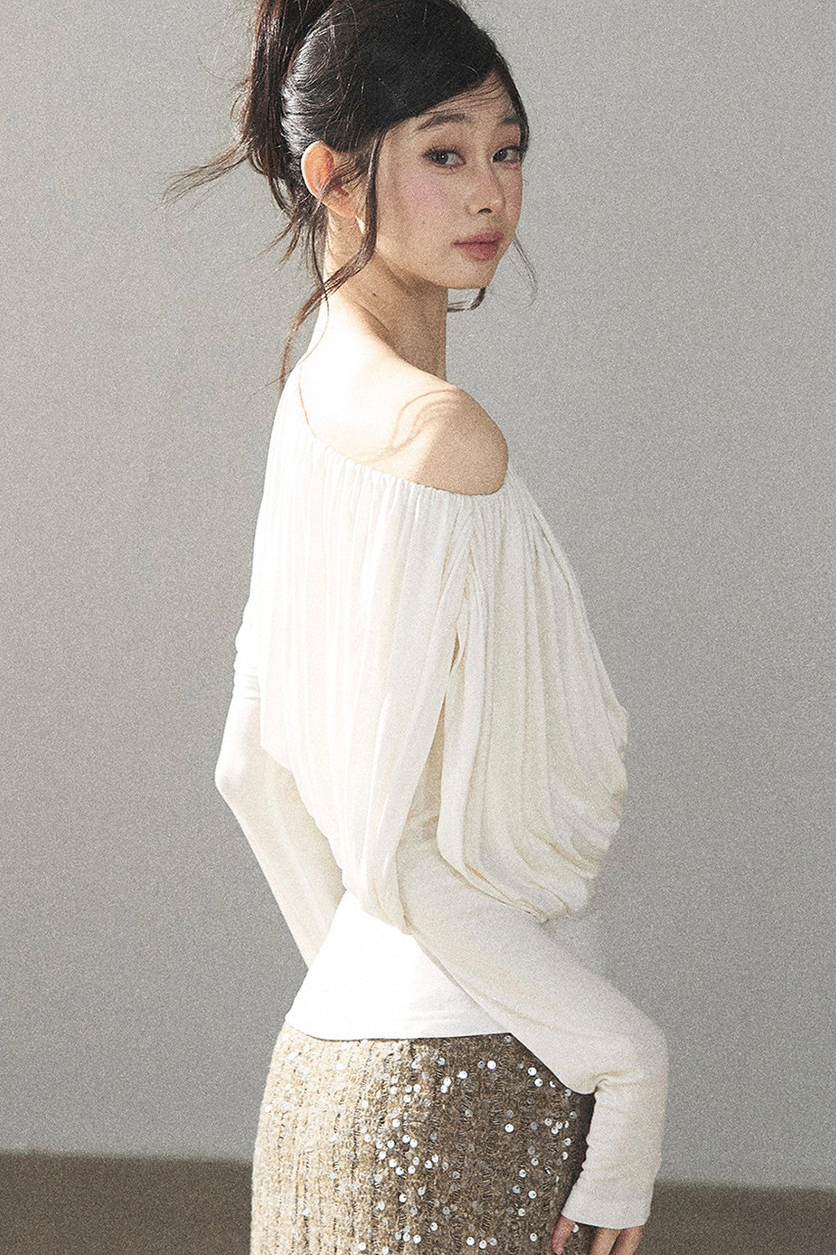 Off-Shoulder Long-Sleeve Cinched T-Shirt