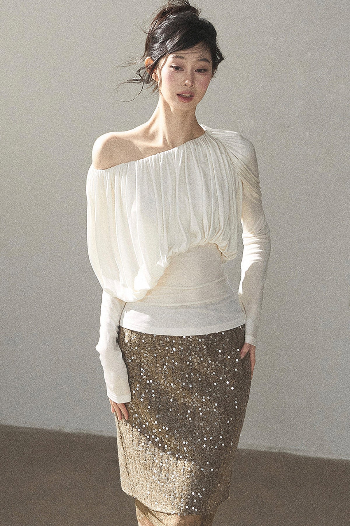 Off-Shoulder Long-Sleeve Cinched T-Shirt