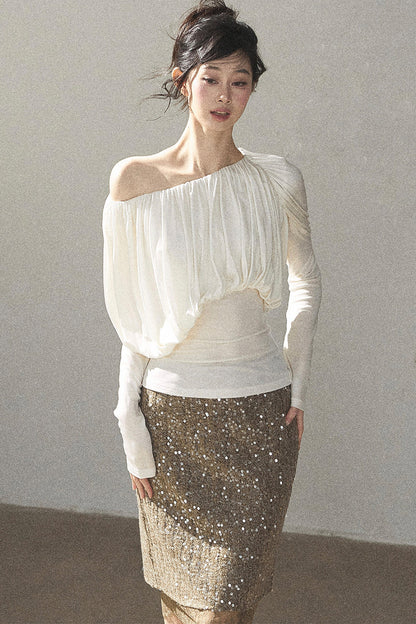 Off-Shoulder Long-Sleeve Cinched T-Shirt