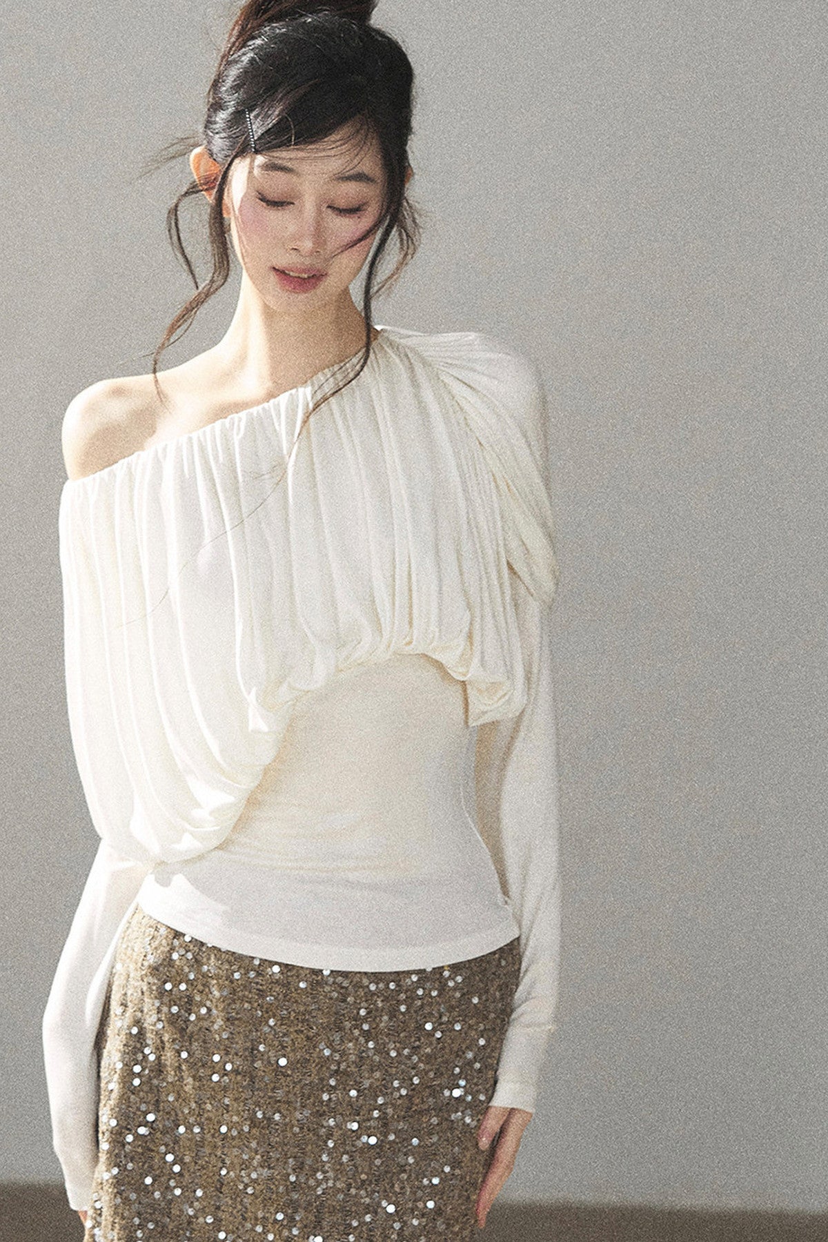 Off-Shoulder Long-Sleeve Cinched T-Shirt