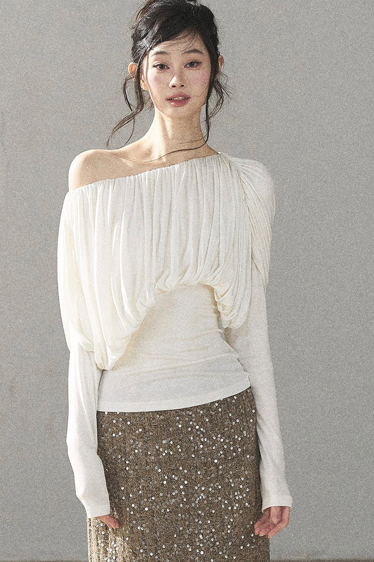 Off-Shoulder Long-Sleeve Cinched T-Shirt