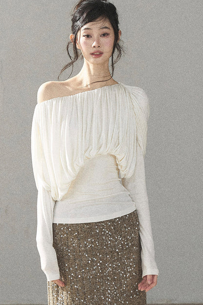 Off-Shoulder Long-Sleeve Cinched T-Shirt