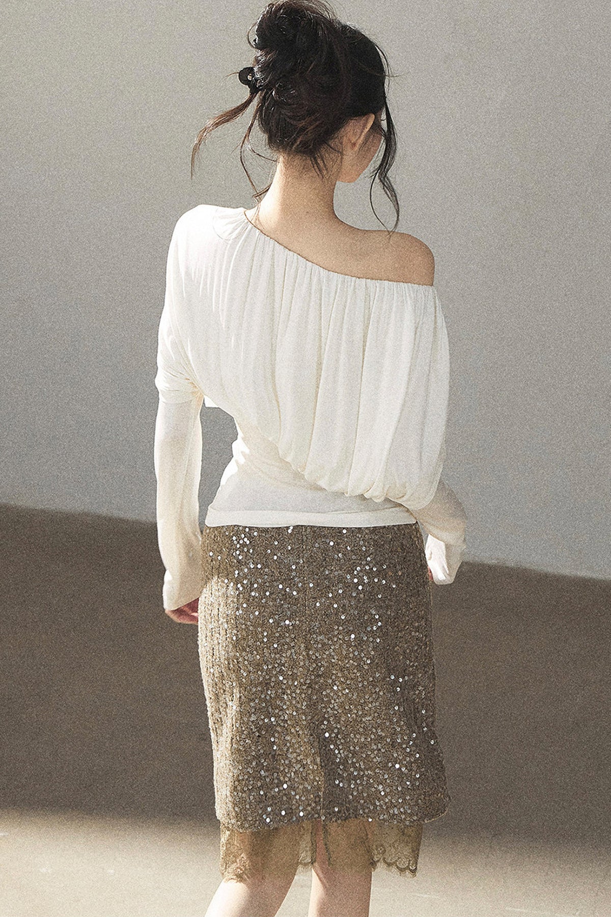 Off-Shoulder Long-Sleeve Cinched T-Shirt