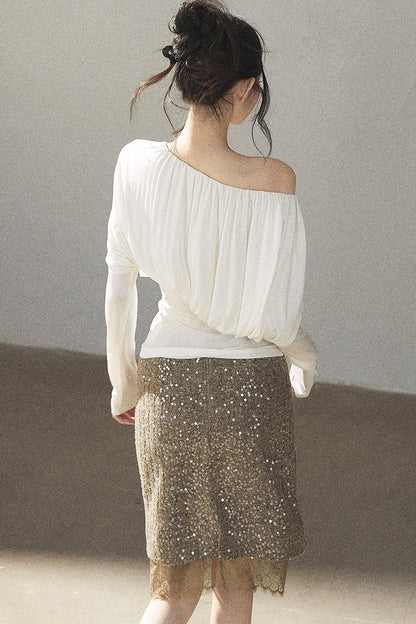 Off-Shoulder Long-Sleeve Cinched T-Shirt