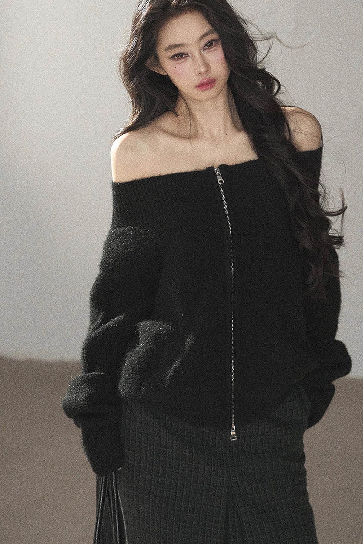 Relaxed Wool Blend Off-Shoulder Double-Zip Jacket