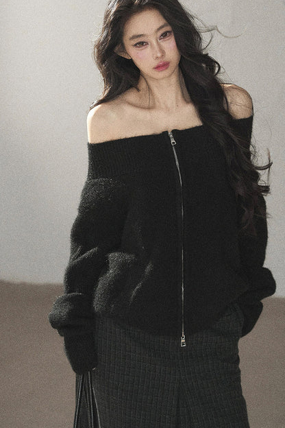 Relaxed Wool Blend Off-Shoulder Double-Zip Jacket