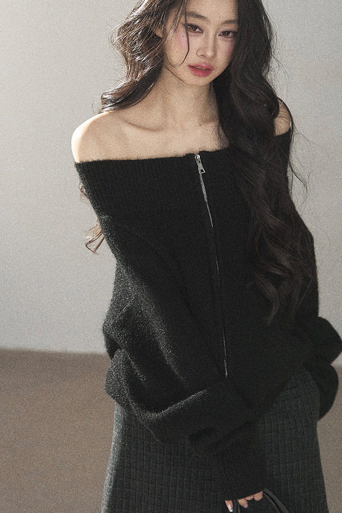 Relaxed Wool Blend Off-Shoulder Double-Zip Jacket