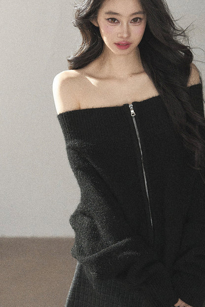 Relaxed Wool Blend Off-Shoulder Double-Zip Jacket