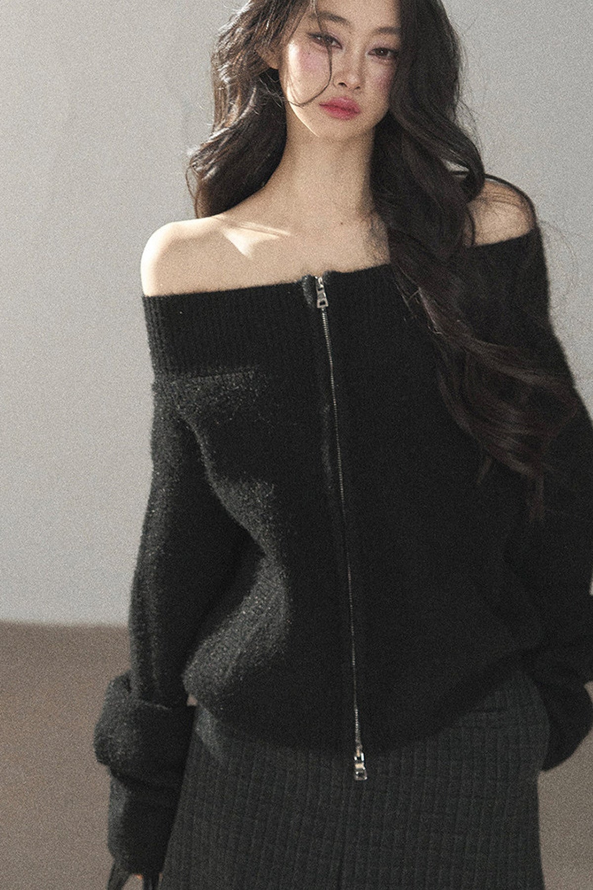 Relaxed Wool Blend Off-Shoulder Double-Zip Jacket