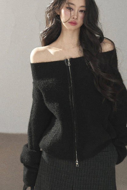 Relaxed Wool Blend Off-Shoulder Double-Zip Jacket