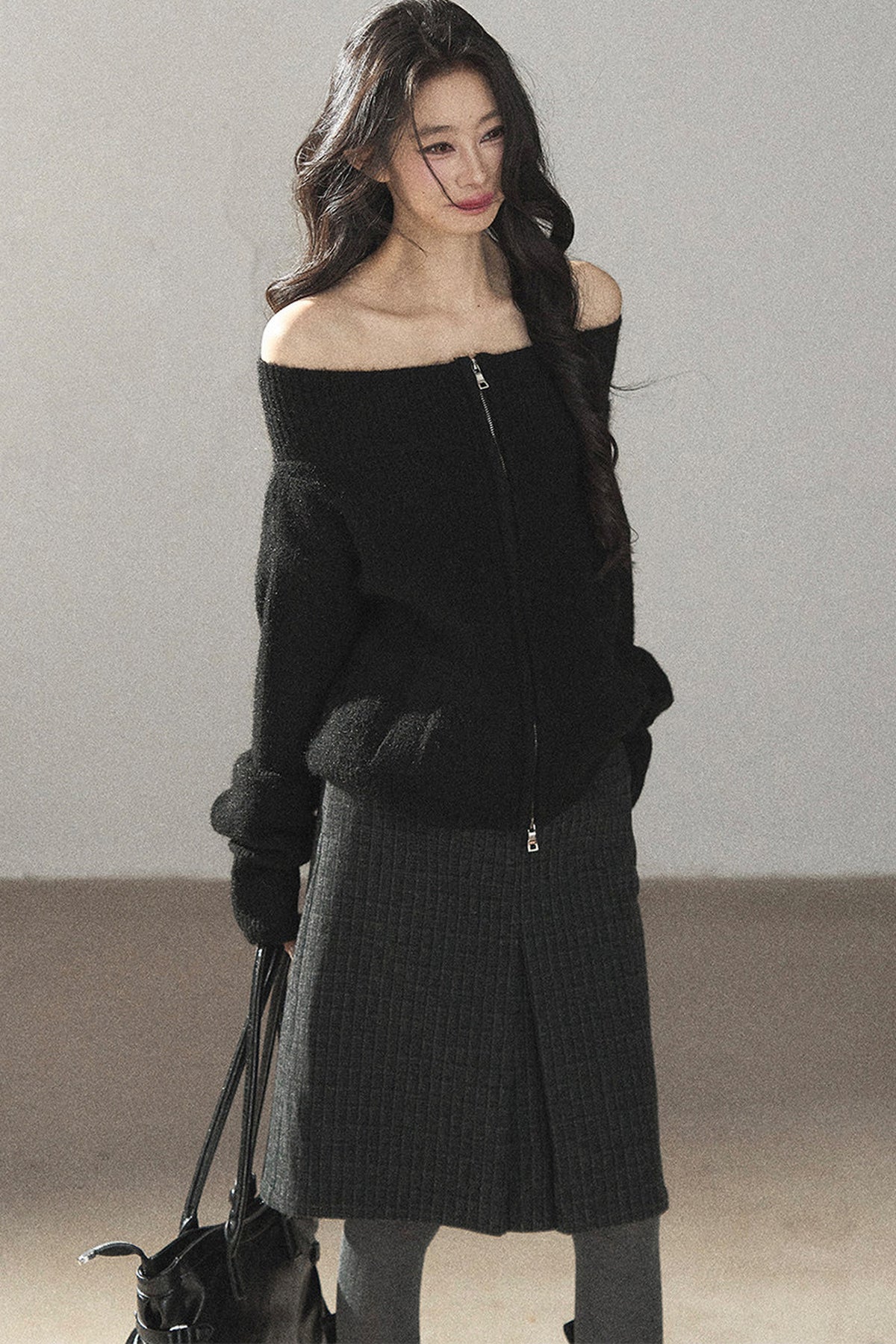 Relaxed Wool Blend Off-Shoulder Double-Zip Jacket