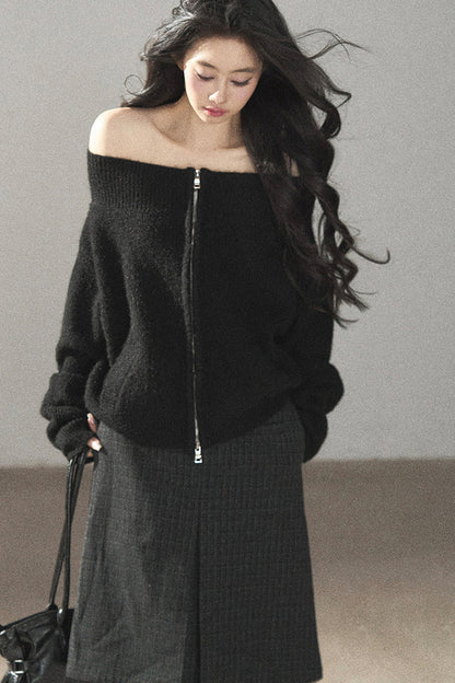 Relaxed Wool Blend Off-Shoulder Double-Zip Jacket