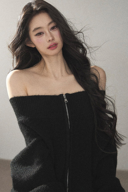Relaxed Wool Blend Off-Shoulder Double-Zip Jacket