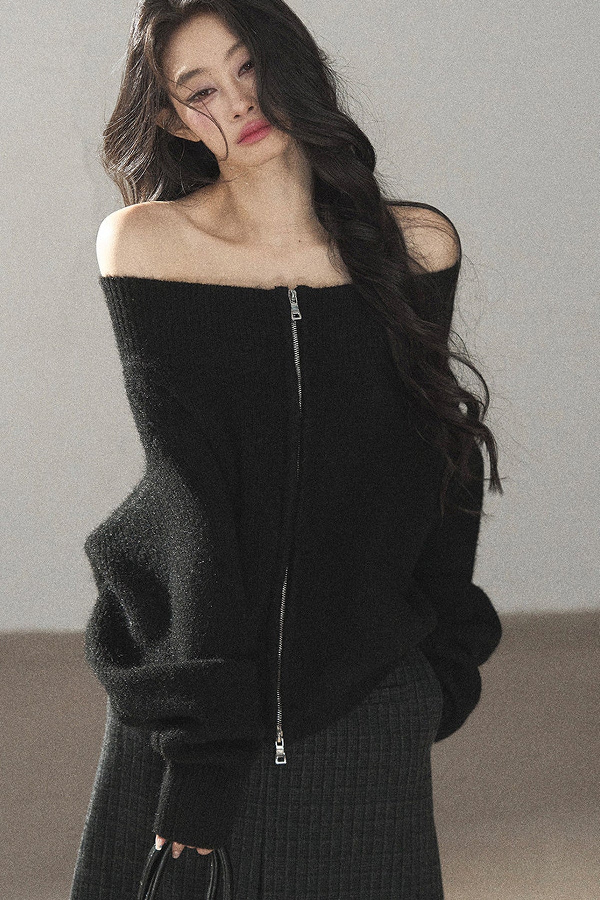 Relaxed Wool Blend Off-Shoulder Double-Zip Jacket