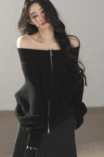 Relaxed Wool Blend Off-Shoulder Double-Zip Jacket
