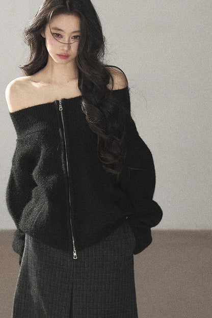 Relaxed Wool Blend Off-Shoulder Double-Zip Jacket