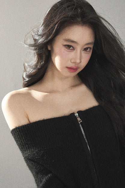 Relaxed Wool Blend Off-Shoulder Double-Zip Jacket