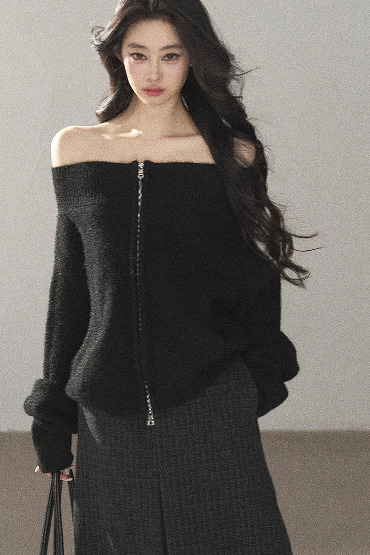 Relaxed Wool Blend Off-Shoulder Double-Zip Jacket
