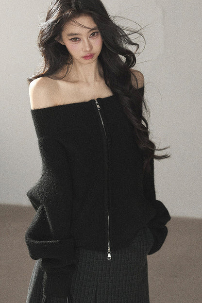 Relaxed Wool Blend Off-Shoulder Double-Zip Jacket