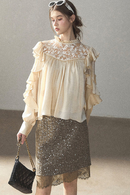 Ruffled Lace Patchwork Textured Chiffon Blouse
