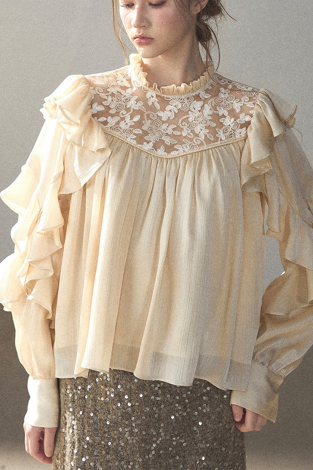 Ruffled Lace Patchwork Textured Chiffon Blouse