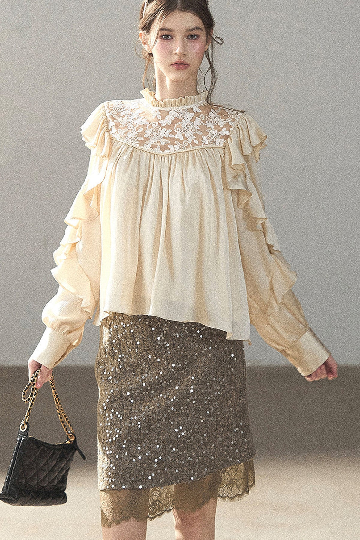 Ruffled Lace Patchwork Textured Chiffon Blouse