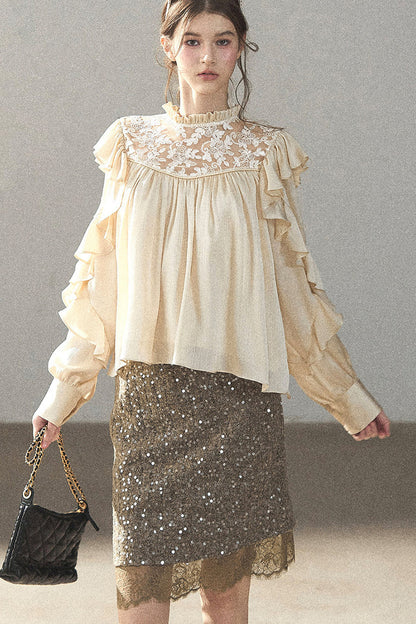 Ruffled Lace Patchwork Textured Chiffon Blouse