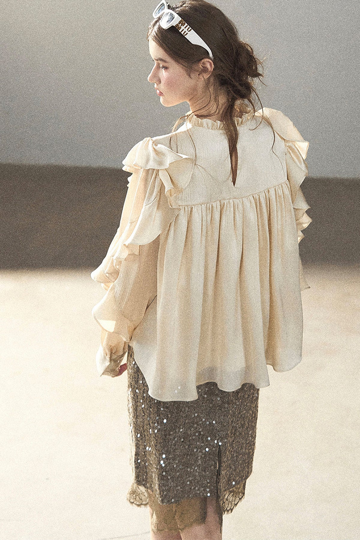 Ruffled Lace Patchwork Textured Chiffon Blouse