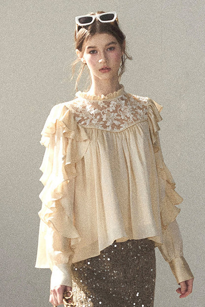 Ruffled Lace Patchwork Textured Chiffon Blouse