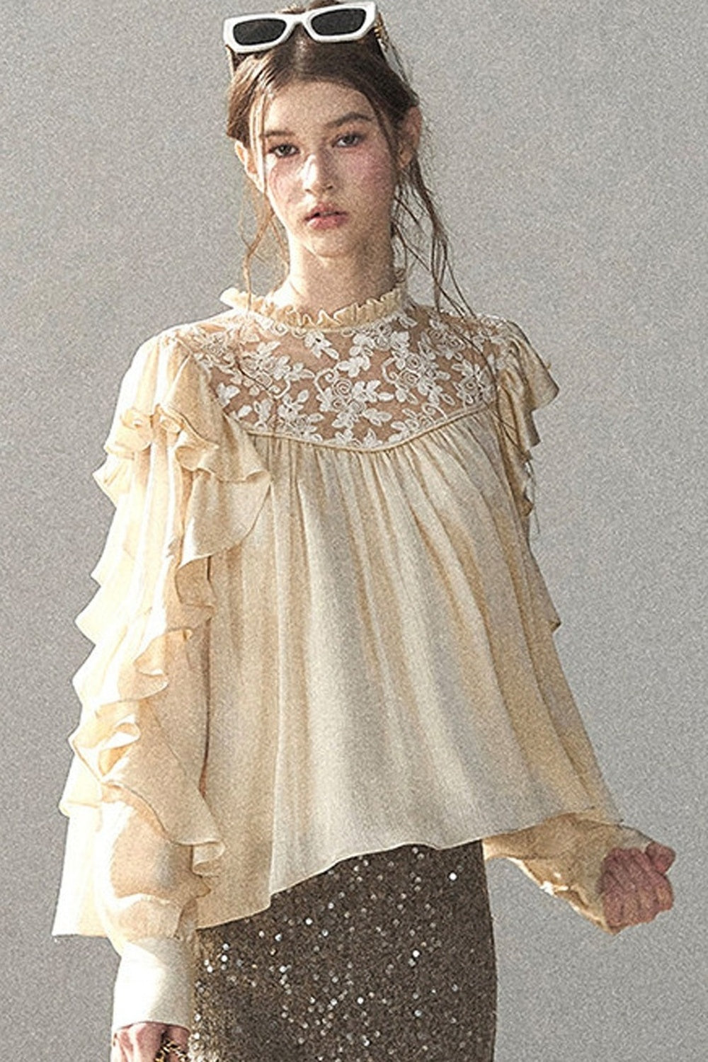 Ruffled Lace Patchwork Textured Chiffon Blouse
