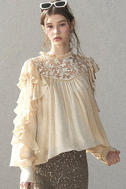 Ruffled Lace Patchwork Textured Chiffon Blouse