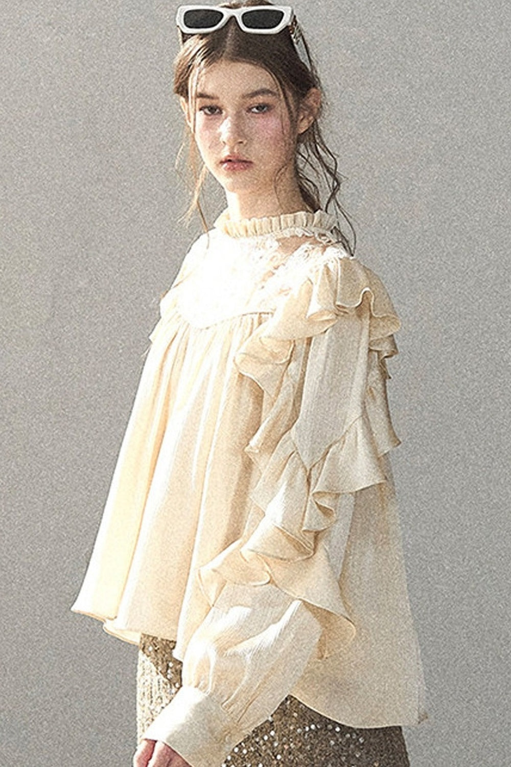 Ruffled Lace Patchwork Textured Chiffon Blouse
