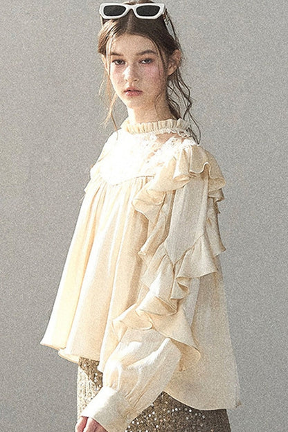 Ruffled Lace Patchwork Textured Chiffon Blouse