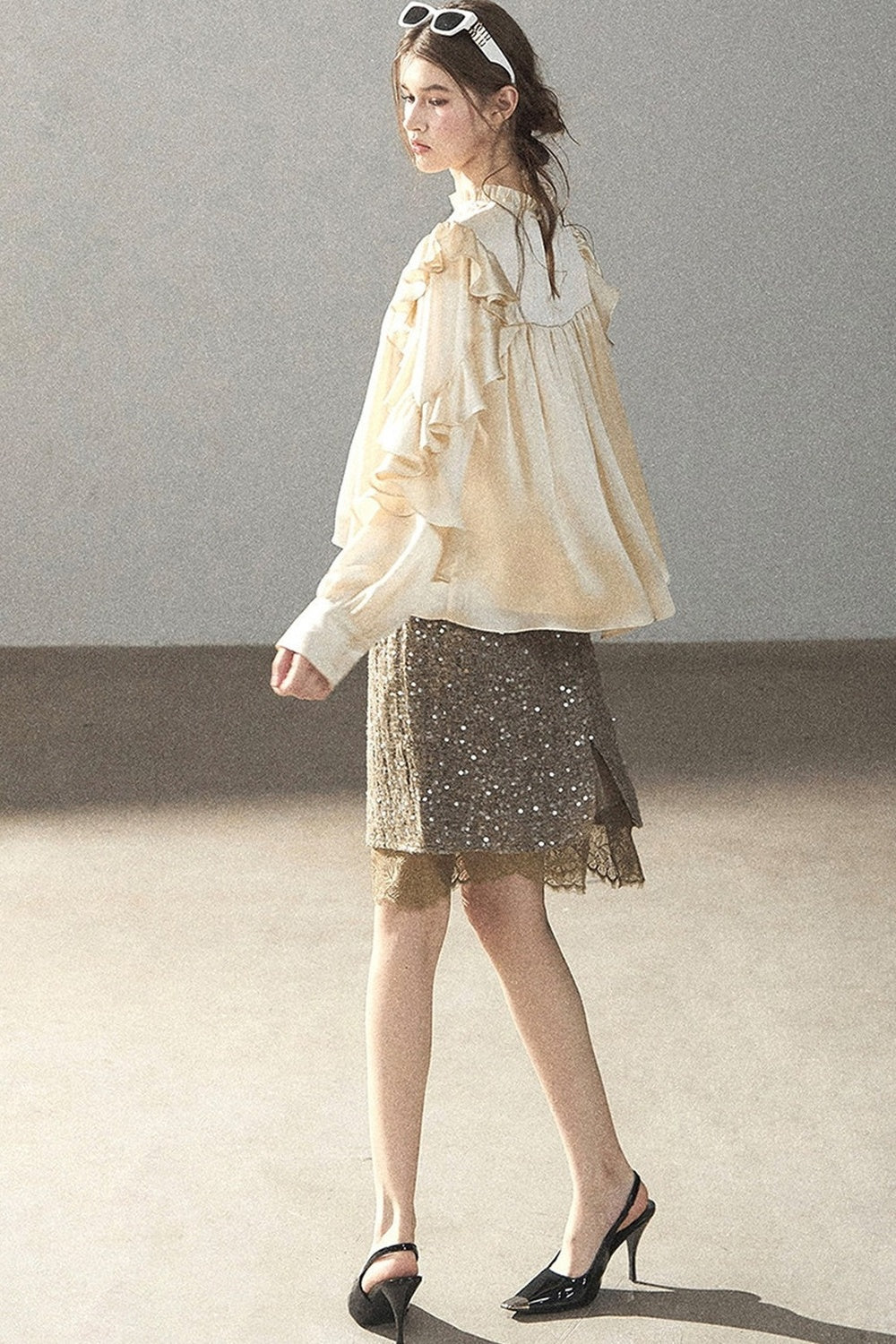 Ruffled Lace Patchwork Textured Chiffon Blouse