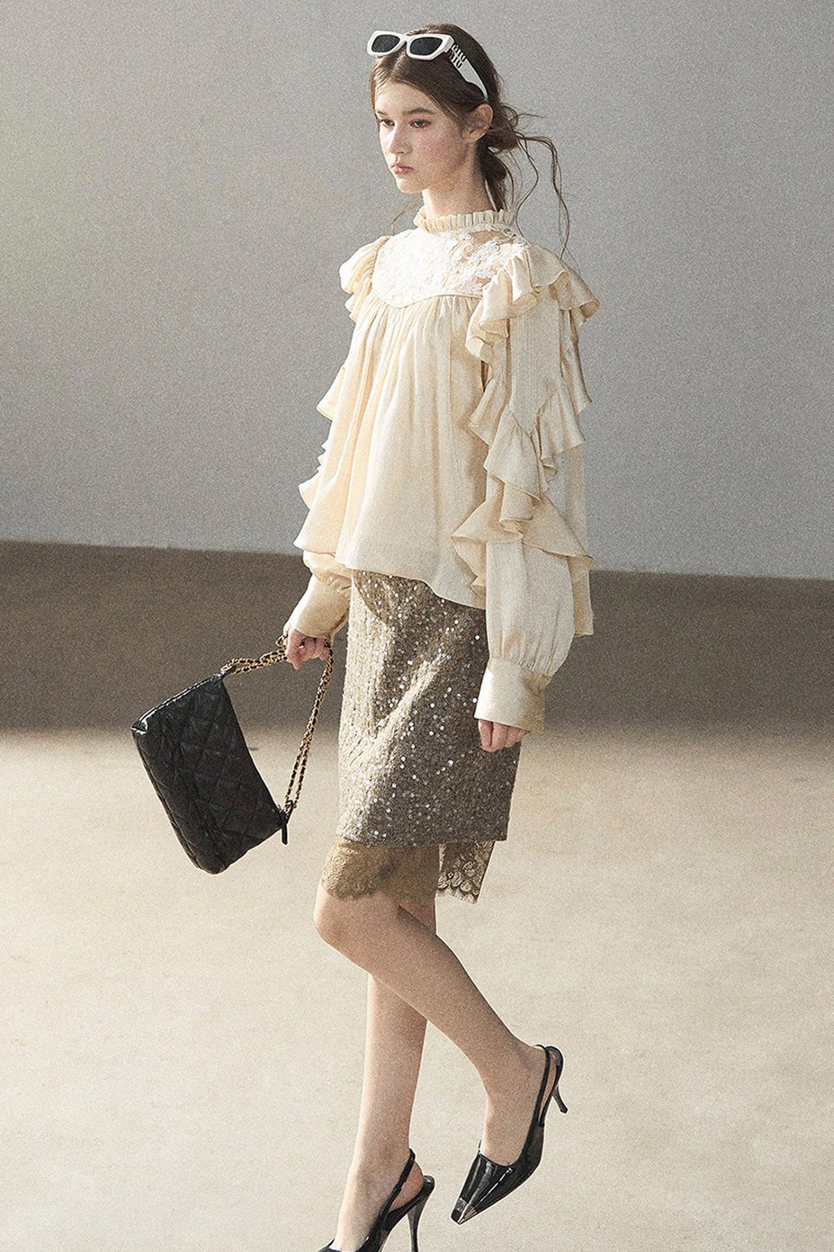 Ruffled Lace Patchwork Textured Chiffon Blouse