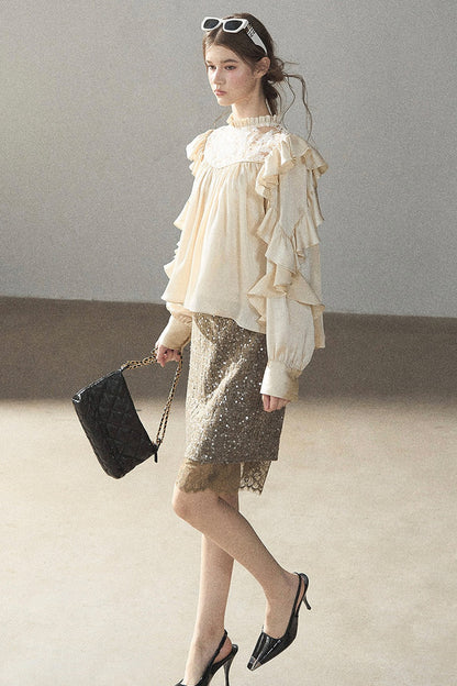 Ruffled Lace Patchwork Textured Chiffon Blouse