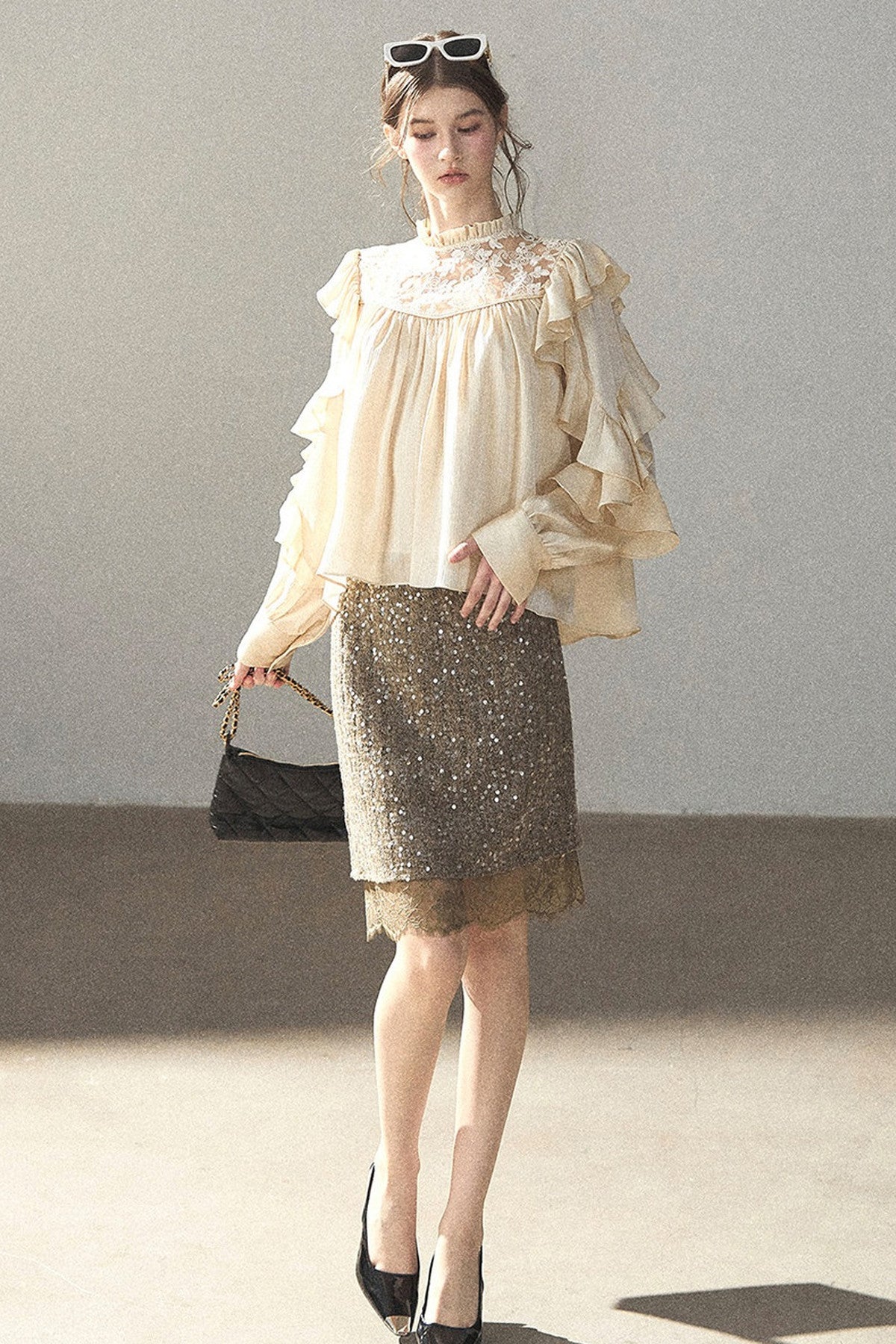 Ruffled Lace Patchwork Textured Chiffon Blouse