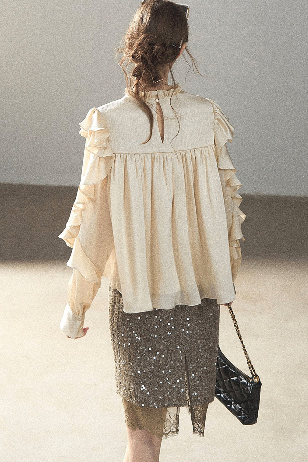 Ruffled Lace Patchwork Textured Chiffon Blouse