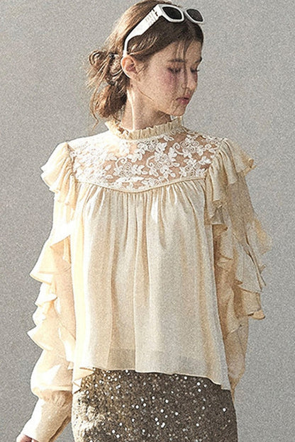 Ruffled Lace Patchwork Textured Chiffon Blouse