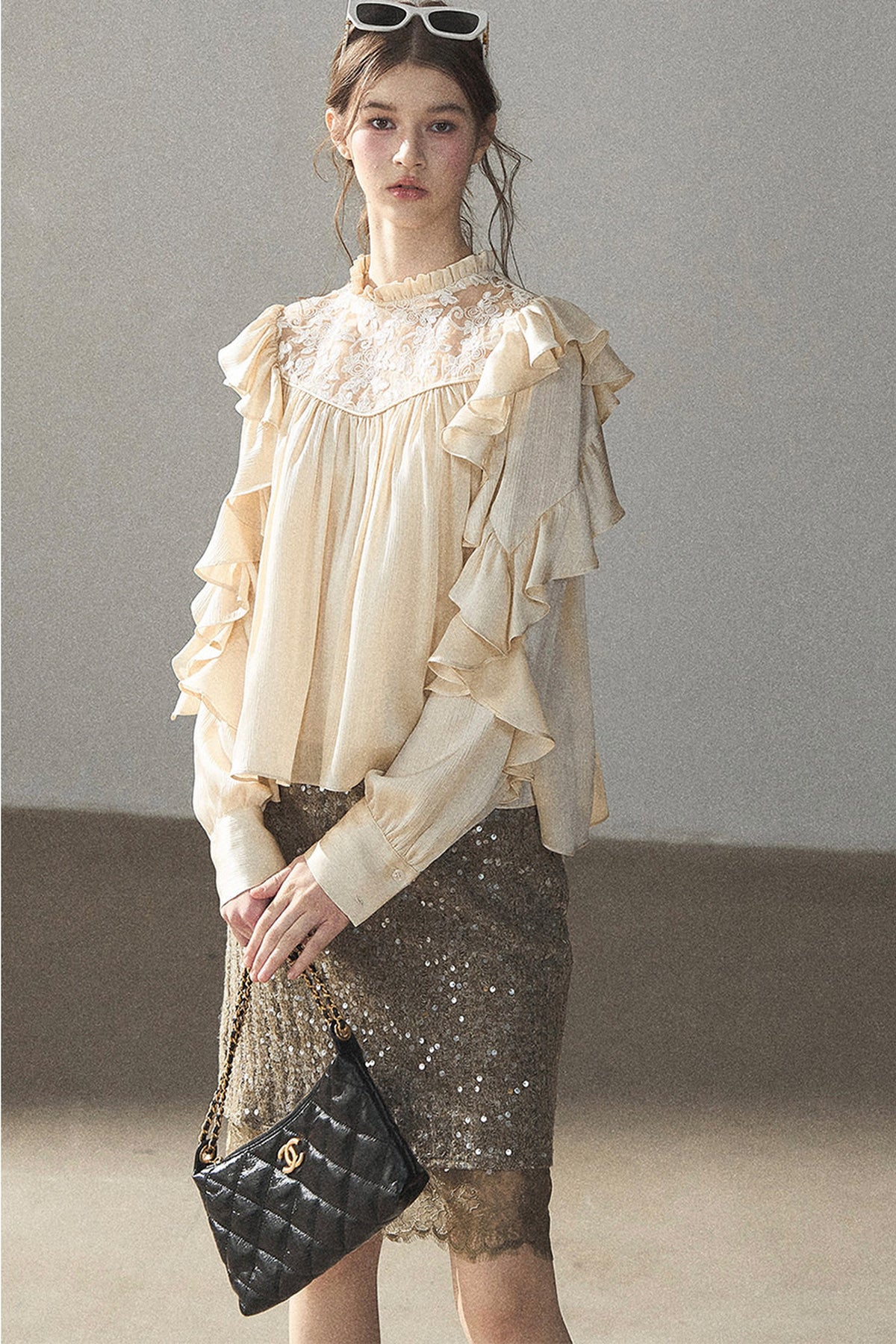 Ruffled Lace Patchwork Textured Chiffon Blouse