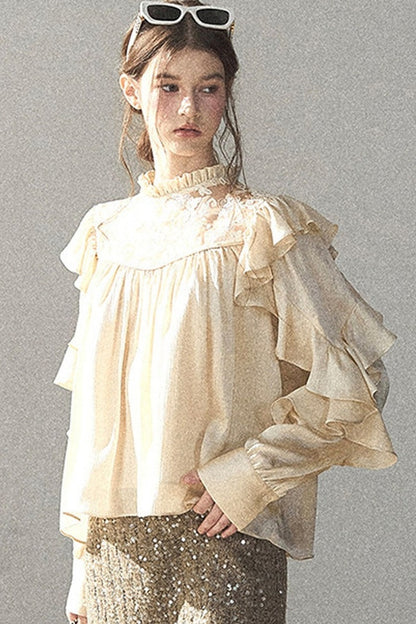 Ruffled Lace Patchwork Textured Chiffon Blouse