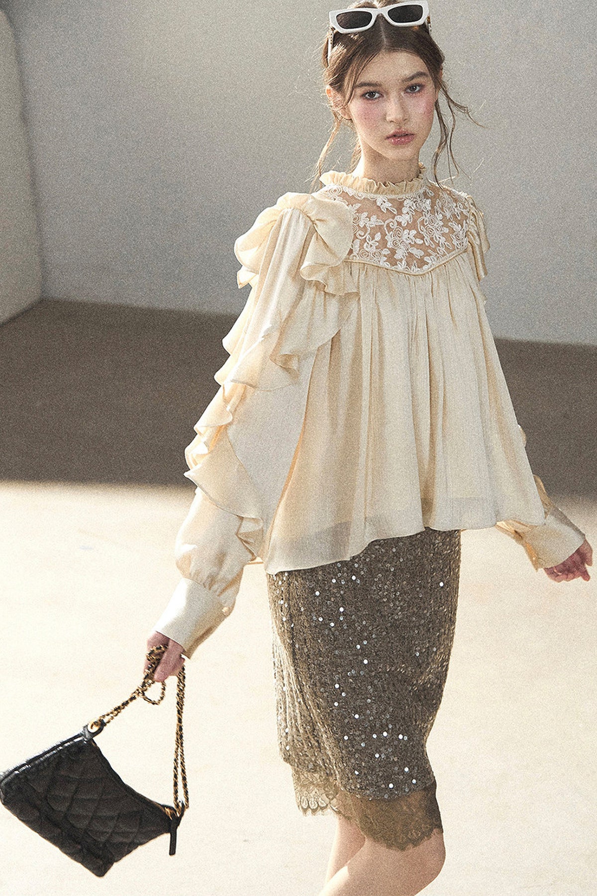 Ruffled Lace Patchwork Textured Chiffon Blouse