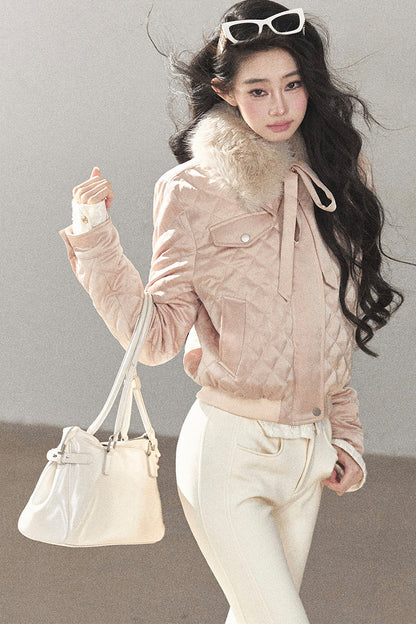 Cinnamon Powder Fur Collar Down Jacket