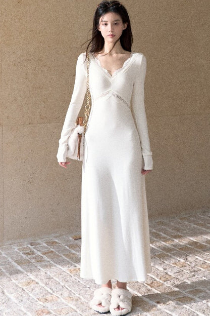 A-Line Lace Splicing Knit Long-Sleeve Dress