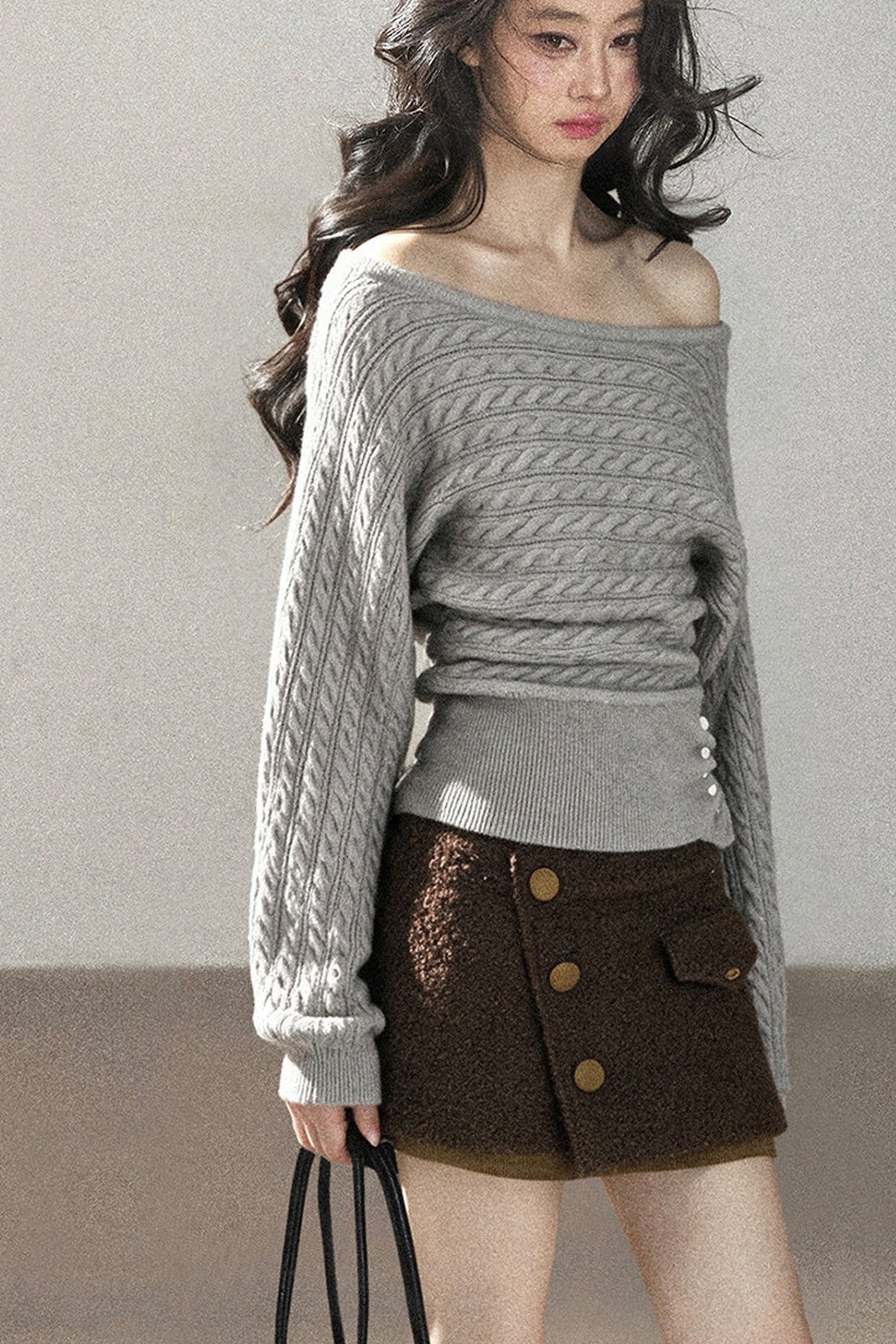 Off-Shoulder Cable Knit Sweater