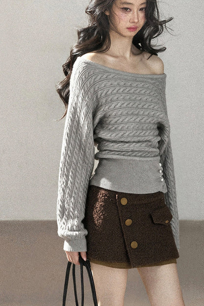 Off-Shoulder Cable Knit Sweater