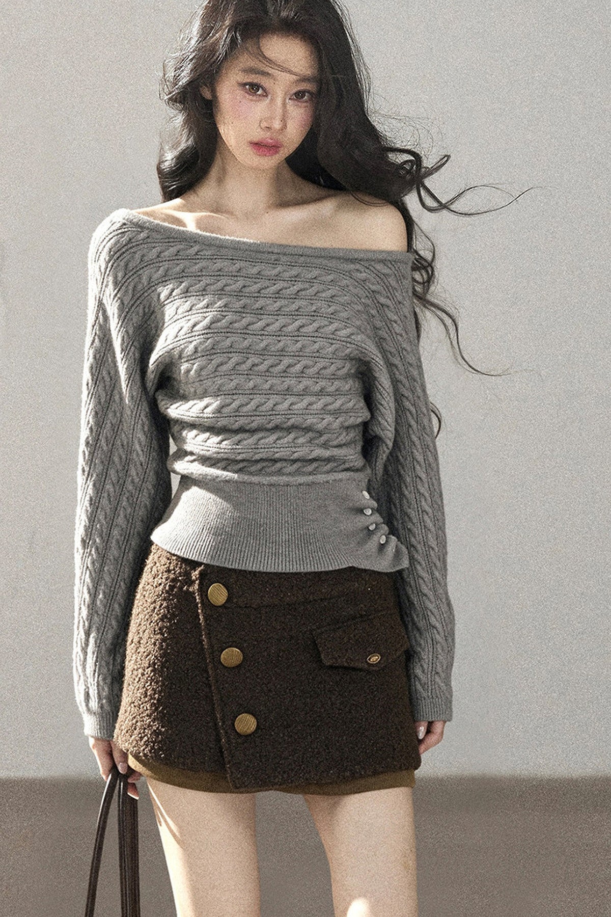 Off-Shoulder Cable Knit Sweater