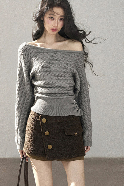 Off-Shoulder Cable Knit Sweater