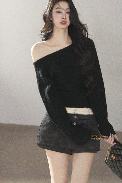 Off-Shoulder Cable Knit Sweater